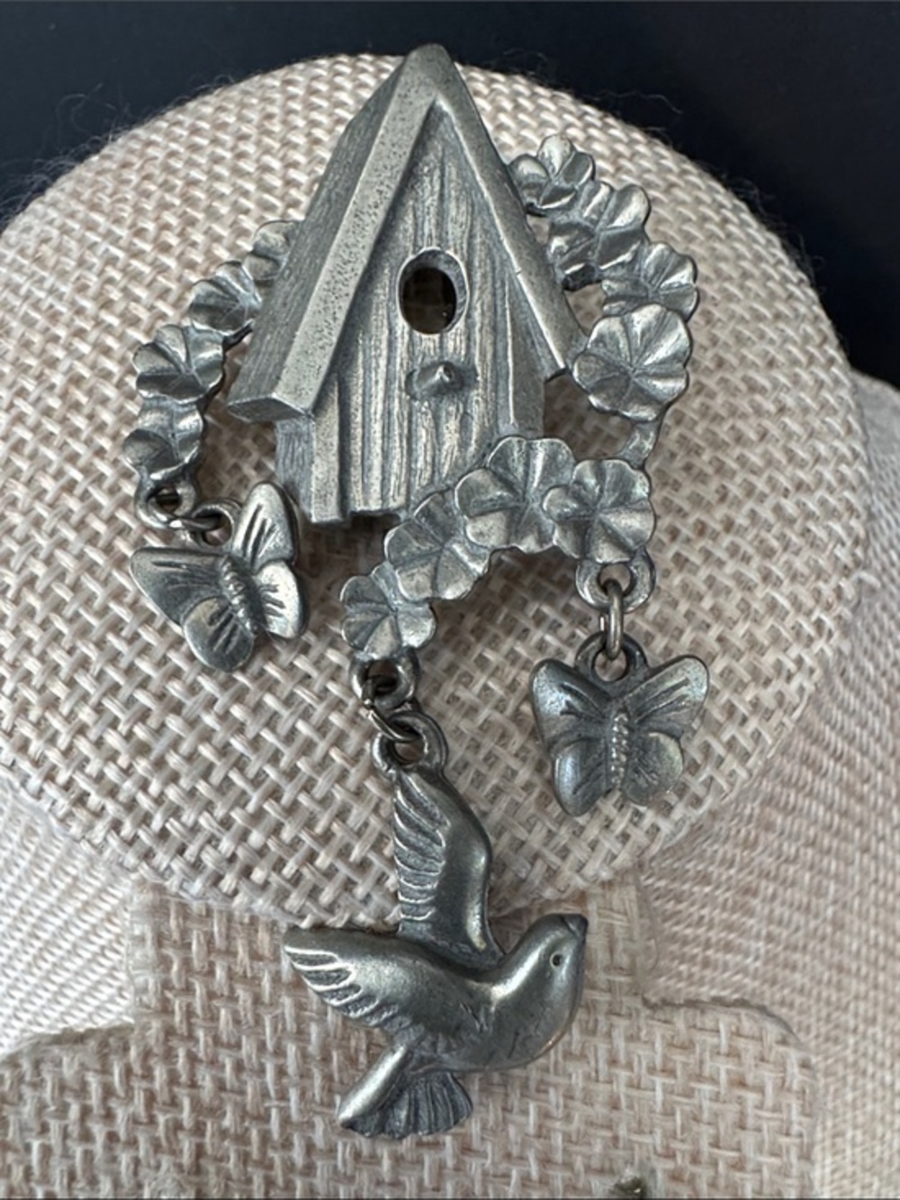 VTG Lindsay Claire Designs Pewter Birdhouse Brooch Pin - Bird Butterflies